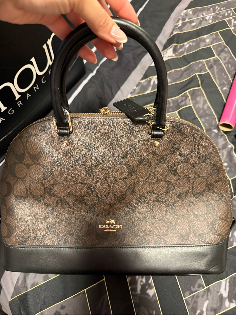 Coach Brown Signature Dome Satchel with Black Trim and Gold Hardware